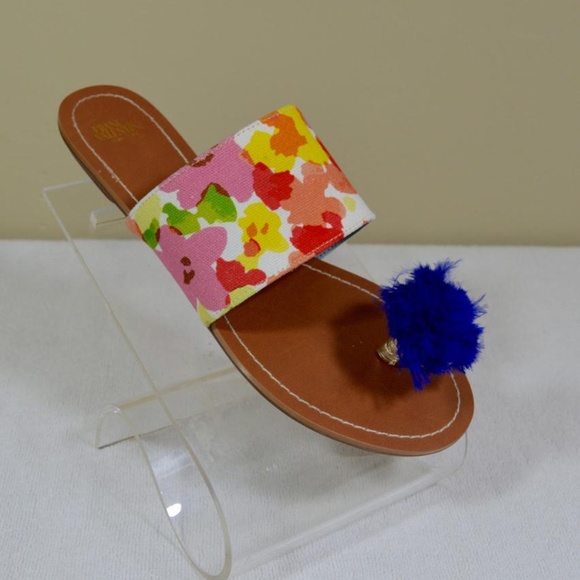 Frances Valentine Multicolor Floral Flats with Blue Pom Pom - Picture 2 of 8